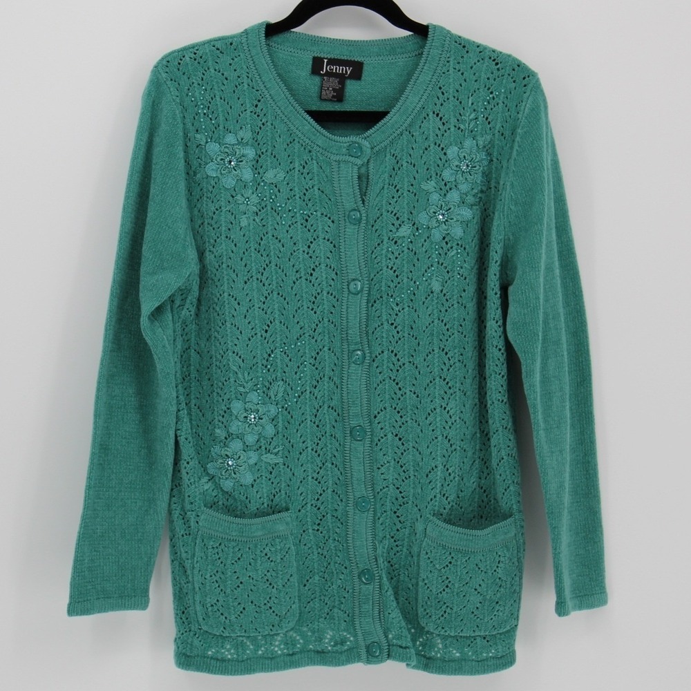 Jenny $68 Medium Retro Teal Pointelle Knit Floral Embellished Button Cardigan‎ - Picture 2 of 13